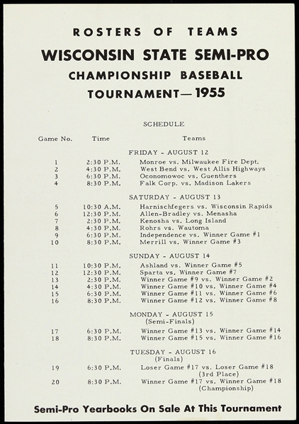 1955 Wisconsin State Semi-Pro Championship Baseball Tournament Team Roster