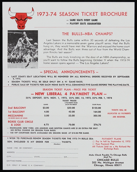 1973-1974 Chicago Bulls Season Ticket Brochure & Order Form