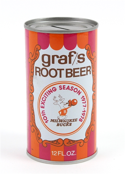 1977-78 Milwaukee Bucks 10th Anniversary Season Grafs Root Beer Coin Bank Can w/ Season Schedule