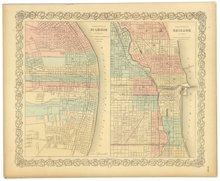 1855 City of Chicago City of St. Louis 14" x 17.5" GW & CB Colton Map