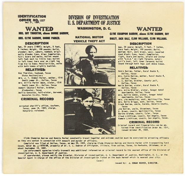 1934 Bonnie Parker Clyde Barrow Department of Justice Wanted Mailer