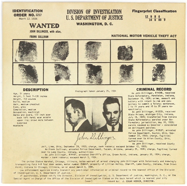 1934 John Dillinger Department of Justice Wanted Mailer