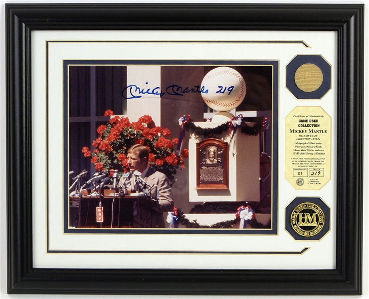 1990s Mickey Mantle New York Yankees 13" x 16" Framed Display w/ Game Used Bat Piece & Signed Photo (JSA)