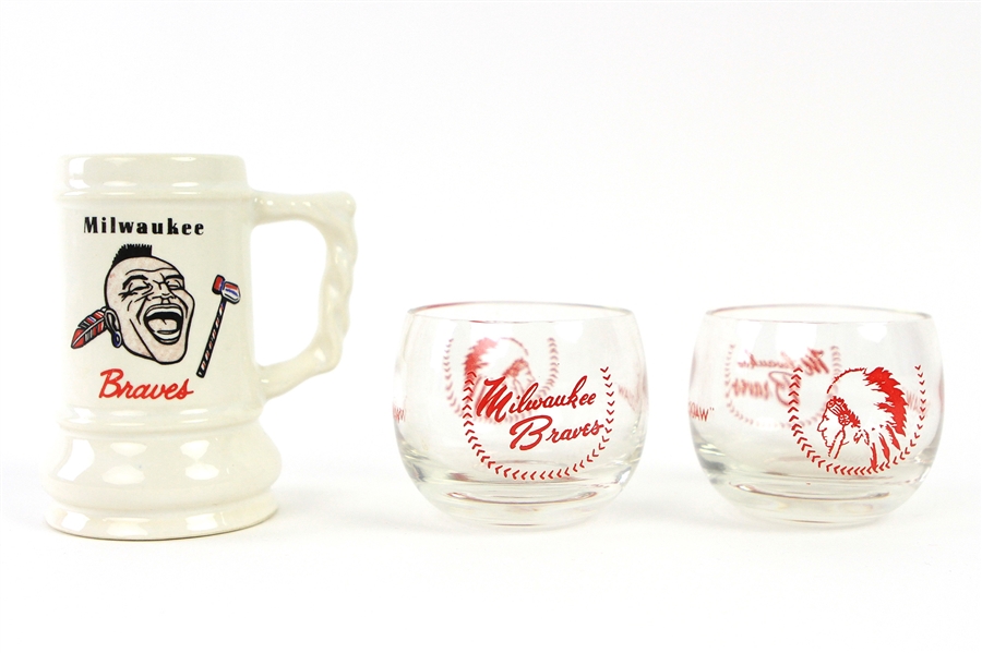 1950s Milwaukee Braves "Squaw" Candle Holders (2) & 4" Ceramic Mug 
