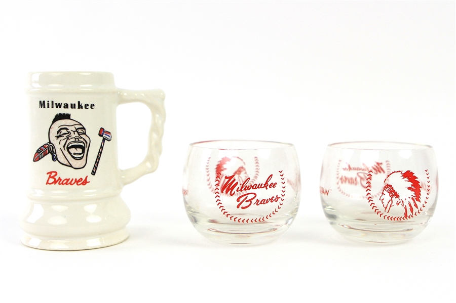 1950s Milwaukee Braves "Squaw" Candle Holders (2) & 4" Ceramic Mug 
