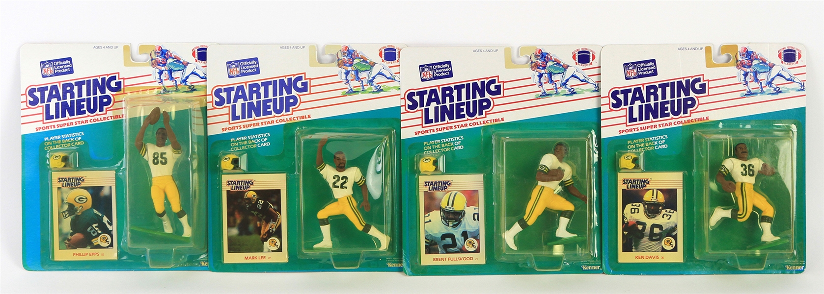 1988 Green Bay Packers MOC Starting Lineup Figures - Lot of 4 w/ Brent Fullwood, Mark Lee, Ken Davis & Phillip Epps