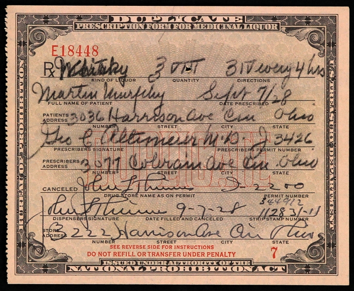 1928 Whiskey Prescription Form For Medicinal Liquor Issued During Prohibition
