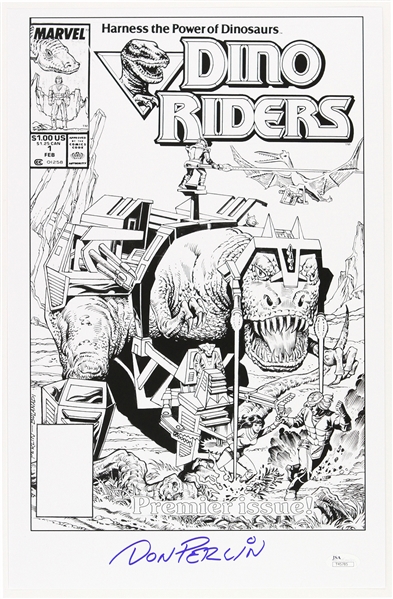 1989 Don Perlin Dino Riders #1 Cover Sketch Signed 11x17 Print (JSA)