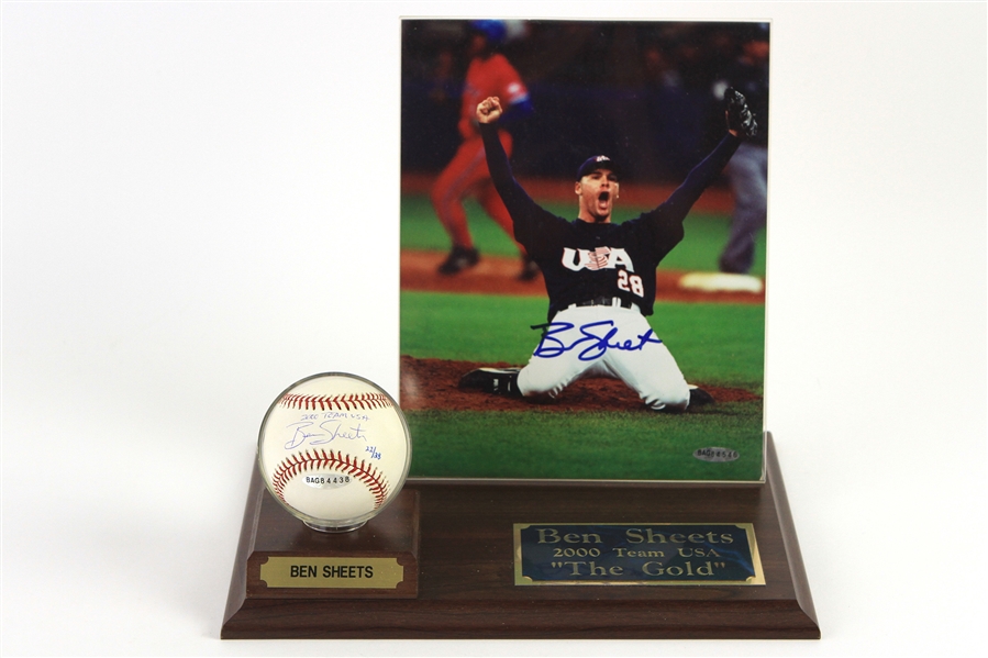 2000 Ben Sheets Team USA "The Gold" Display w/ Signed OML Selig Baseball & Signed 8" x 10" Photo (Upper Deck Authentication)