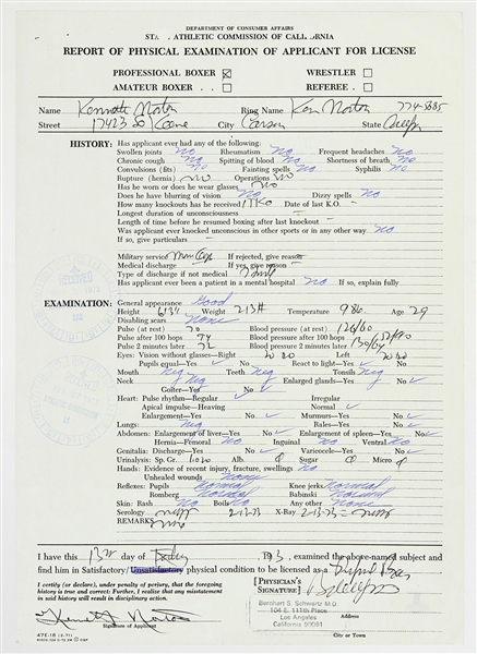 1973 Ken Norton World Heavyweight Champion Signed License Application Physical Report (Beckett COA)