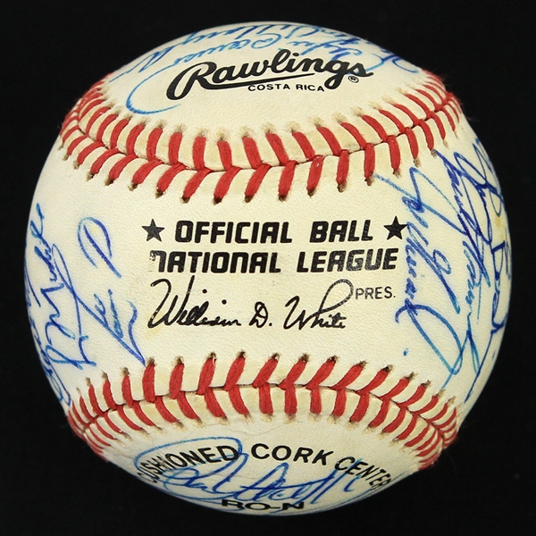 1991 Chicago Cubs Team Signed ONL White Baseball w/ 28 Signatures Including Greg Maddux, Ryne Sandberg, Andre Dawson & More (JSA)