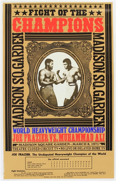 1971 (March 8) Muhammad Ali Joe Frazier World Heavyweight Title Fight 17" x 28" Results Poster 