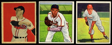 1949-50 Bob Feller Ken Heintzelman Harry Brecheen Bowman Baseball Trading Cards - Lot of 3 