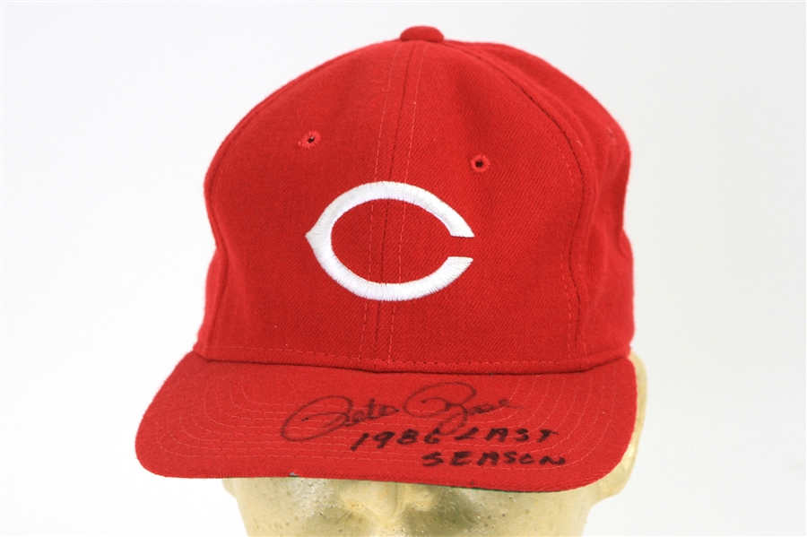 1986 Pete Rose Cincinnati Reds Signed Game Worn Cap (MEARS LOA/JSA)
