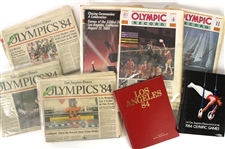 1984 Los Angeles Summer Olympics Memorabilia Collection - Lot of 36 w/ Daily Olympic Records, Newspapers, Hardcover Books & LA 84 Welcome Flag