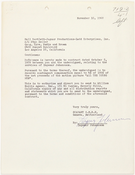 1960 Ingemar Johansson Heavy Weight Champion Signed 8.5”x11 William Morrison Agency Contract (JSA)