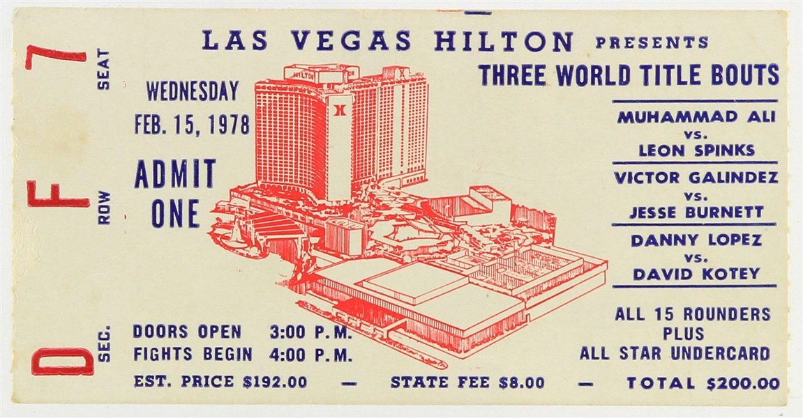 1978 (February 15) Muhammad Ali Leo Spinks Las Vegas Hilton Heavyweight Title Fight Ticket Stub