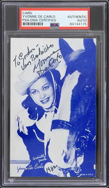 1982 Yvonne De Carlo Signed 3.25" x 5.25" Exhibit Card (PSA/DNA Slabbed)