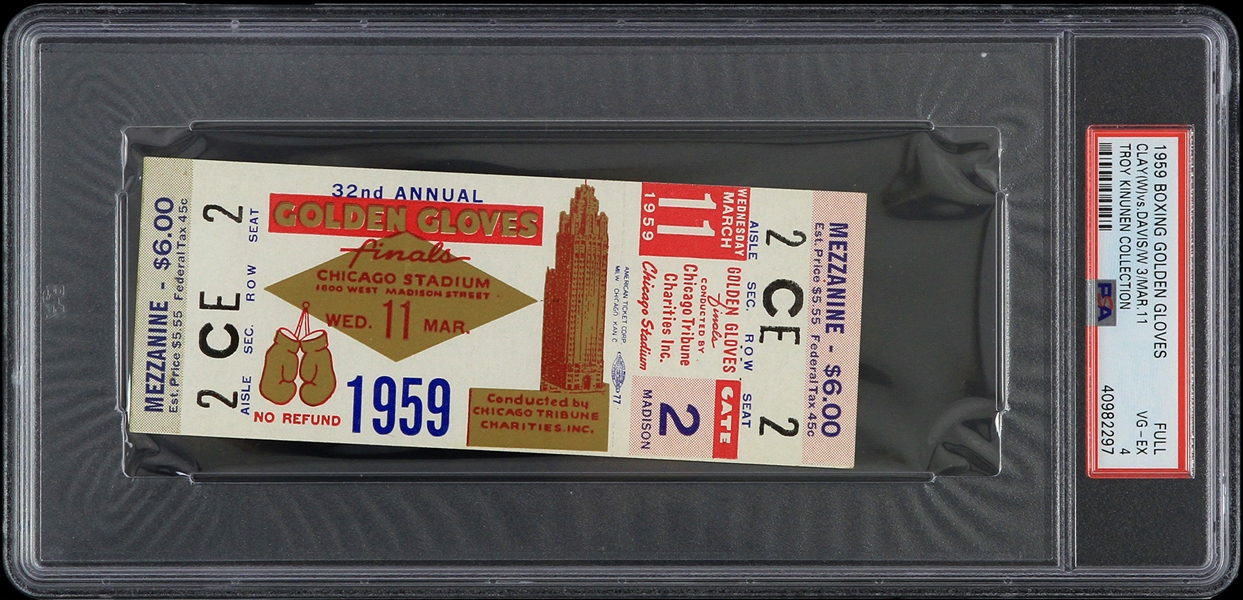 1959 Cassius Clay vs Jeff Davis Golden Gloves Finals Full Ticket (PSA VG-EX 4 Slabbed)