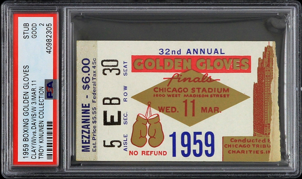 1959 Cassius Clay vs Jeff Davis Golden Gloves Finals Ticket Stub (PSA Good 2 Slabbed)