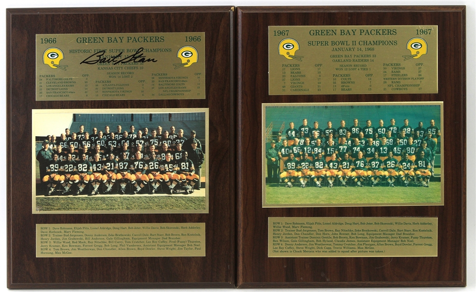 1966-67 Green Bay Packers Super Bowl I & II Champions 13" x 16" Team Photo Displays - Lot of 2 w/ 1 Signed by Bart Starr (JSA)