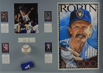 1974-1993 Robin Yount Milwaukee Brewers Signed Baseball, Photo, Trading Cards Mounted in 31x 55 Display Case (JSA)