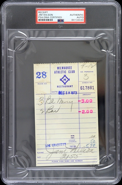  1973 Jim Wilson Milwaukee Braves Signed Milwaukee Athletic Club Receipt (PSA/DNA Slabbed)