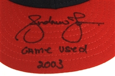2003 Andruw Jones Atlanta Braves Signed & Inscribed Game Worn Cap (MEARS LOA/JSA)