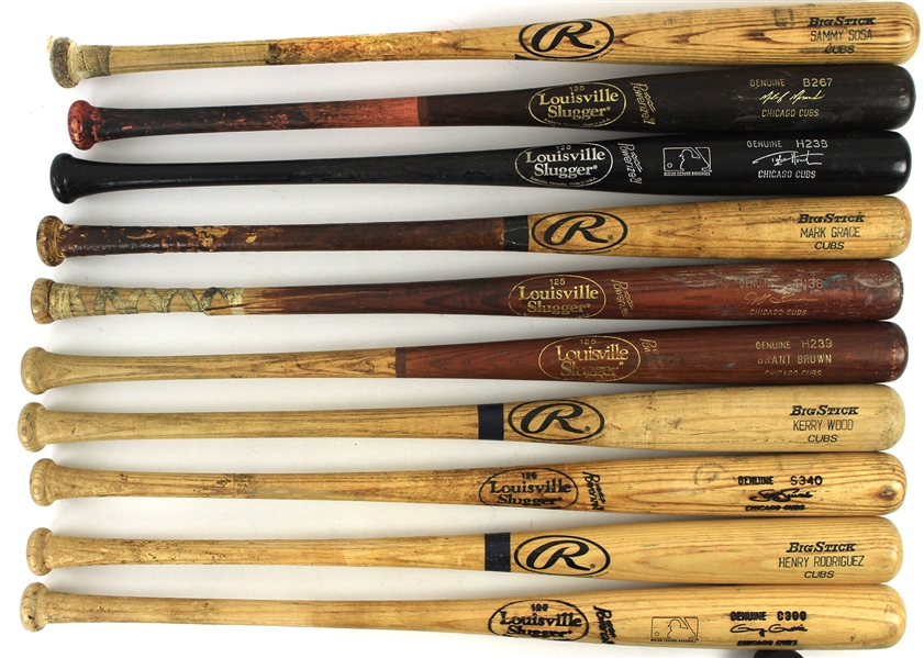 1995-99 Chicago Cubs Professional Model Game Used Bat Collection - Lot of 10 w/ Sammy Sosa, Mark Grace, Kerry Wood, & More (MEARS LOA)