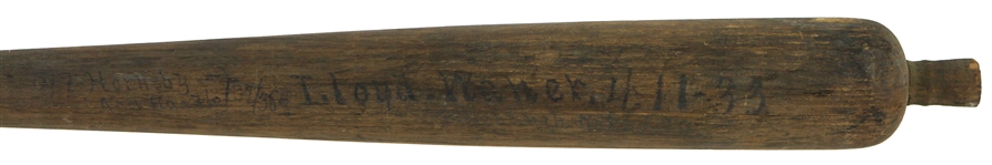 1933 Lloyd Waner Pittsburgh Pirates H&B Louisville Slugger Professional Model Sidewritten Lathe Bat (MEARS A10)