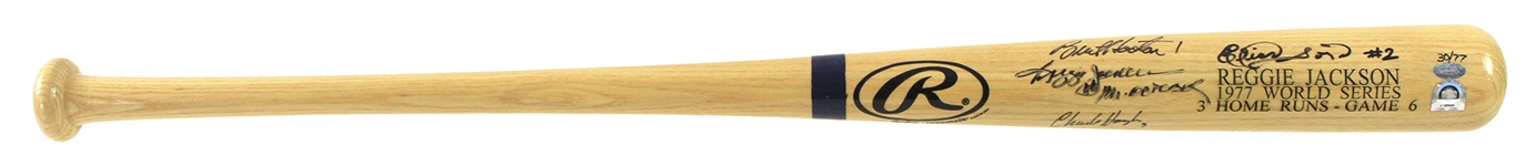 1977 Reggie Jackson Burt Hooton Charlie Hough Elias Sosa Multi Signed Rawlings Adirondack Bat (MLB Hologram/Steiner/JSA) 30/77