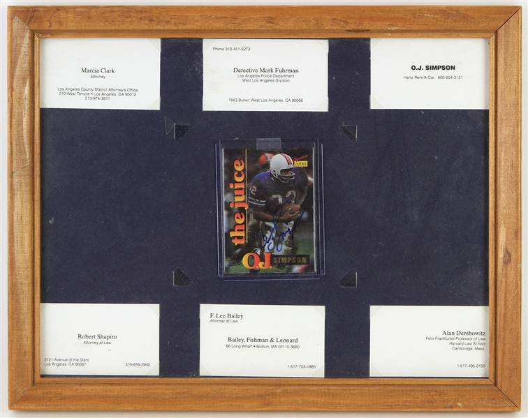 1995 OJ Simpson Buffalo Bills 11" x 14" Framed Display w/ Dream Team Lawyer Business Cards & Signed The Juice Trading Card (JSA)