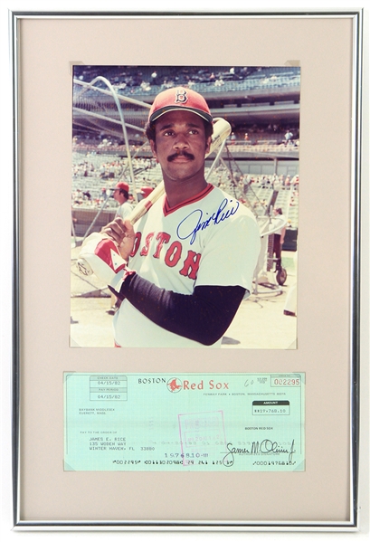 1982 Jim Rice Boston Red Sox 12" x 18" Framed Display w/ Processed Payroll Check & Signed 8" x 10" Photo (JSA)