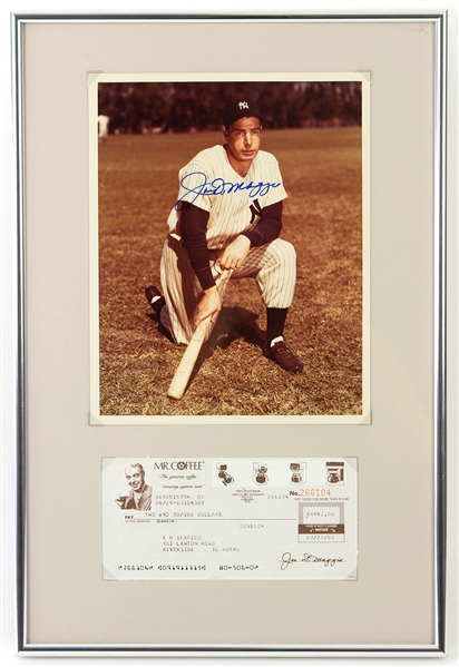 1983 Joe Dimaggio New York Yankees 12" x 18" Framed Display w/ Mr. Coffee Refund Check & Signed 8" x 10" Photo (JSA)