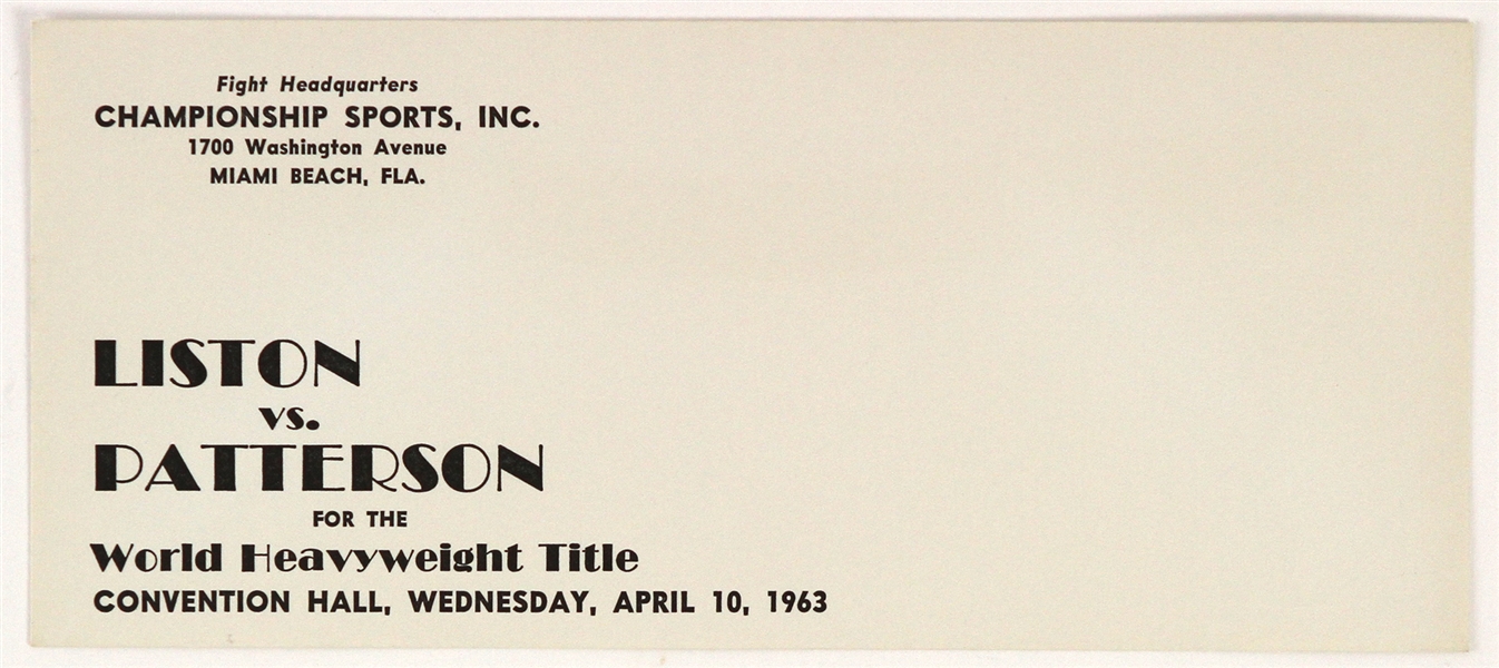 1963 Sonny Liston Floyd Patterson World Heavyweight Title Bout Promotional Envelope