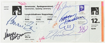 1994 Winter Olympics Ticket from Lillehammer signed by (5) Skaters (*JSA*) - Bonnie Blair, Nancy Kerrigan, Dan Janssen, Tanya Harding, & Eric Heiden