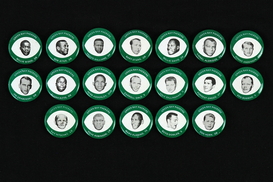 1969 Drenks Potato Chips Green Bay Packers 1" Player Pinback Buttons - Lot of 19