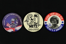 1970s-80s 3.5" Pinback Button Collection - Lot of 3 w/ Go Mets!, Edith Bunker & Vote Kermit The Frog