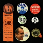 1960s-90s Pinback Button Collection - Lot of 7 w/ Richard Nixon, A&W Sparkling Root Beer New In Cans & More