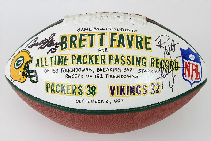 1997 Bart Starr Brett Favre Green Bay Packers Signed ONFL Tagliabue Franchise TD Record Presentation Football (MEARS LOA/JSA)