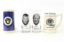 1970s-80s Football Baseball Drinkware Collection - Lot of 4 w/ Oakland Raiders Super Bowl XI Stein, Ray Nitschke/Jerry Kramer Pizza Hut Glasses & More