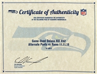 2018 (November 11) Delano Hill Seattle Seahawks Game Worn Uniform Pants (MEARS LOA/Team COA)