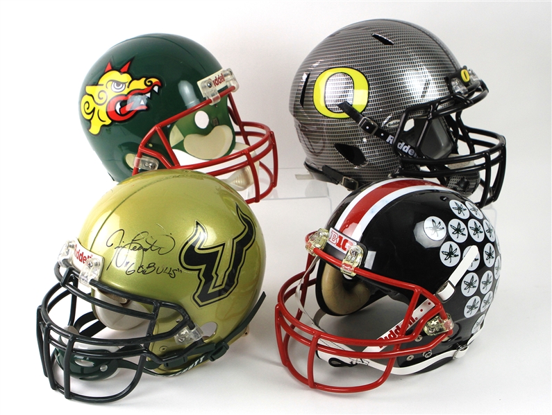 1990s-2010s Football Helmet Collection - Lot of 4 w/ Oregon Ducks, Ohio State Buckeyes, Jim Leavitt Signed & More (MEARS LOA/JSA)