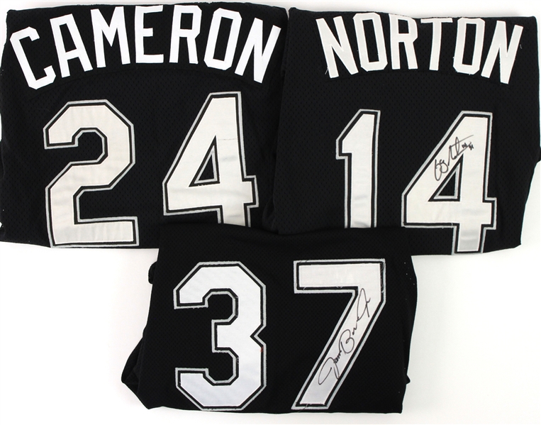 1995-99 Chicago White Sox Batting Pracitce Jerseys - Lot of 3 w/ Mike Cameron, James Baldwin Signed & Greg Norton Signed (MEARS LOA/JSA)