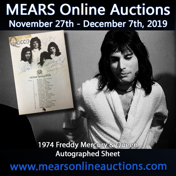 1974 Freddie Mercury Brian May Roger Taylor John Deacon Queen Band Signed 8.25" x 11.75" Handbill (JSA)