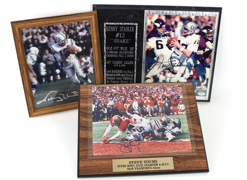 1990s Johnny Unitas Ken Stabler Steve Young Signed Display/Framed Photo Collection - Lot of 3