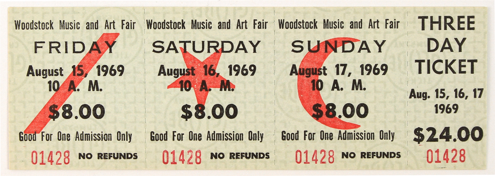 1969 Woodstock Music & Art Fair Full Unused Three Day Ticket