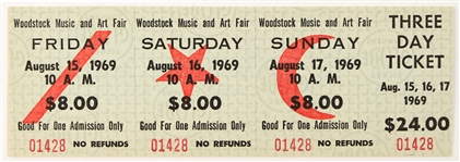 1969 Woodstock Music & Art Fair Full Unused Three Day Ticket