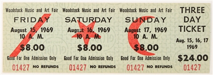 1969 Woodstock Music & Art Fair Full Unused Three Day Ticket