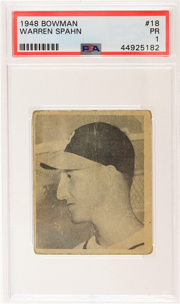 1948 Warren Spahn Boston Braves Bowman #18 Rookie Trading Card (PSA Slabbed PR 1) 